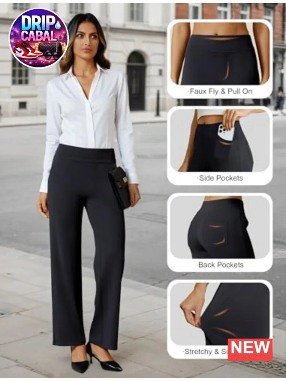 Wide Leg Pull On Dress Pants Stretchy Work Trousers 4 Pockets